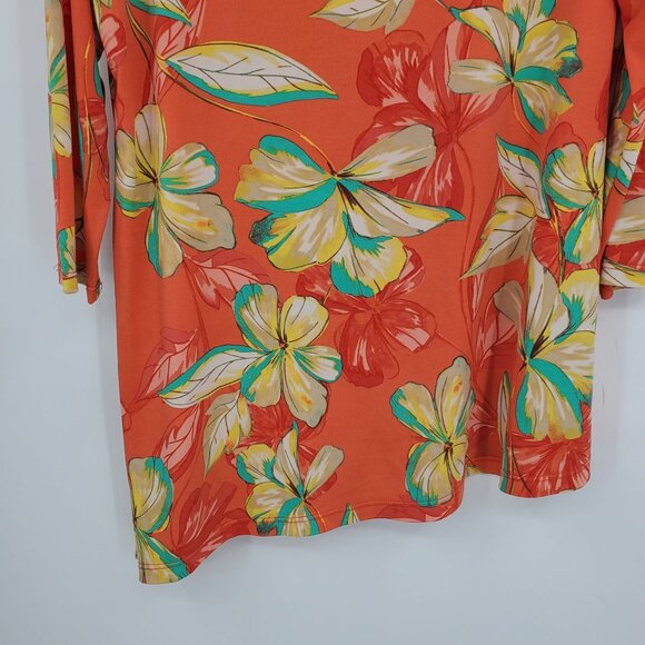 Susan Graver Asymmetrical Hem Coral Floral Flower Beachy Boho 3/4 Sleeve Shirt M - Picture 7 of 9